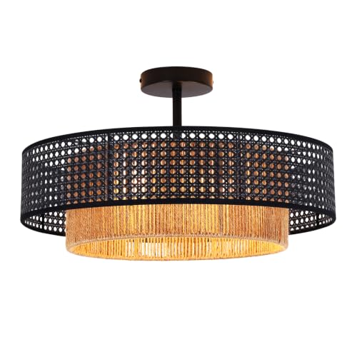 19.7" Black Bohemian Wicker Flush Mount Ceiling Light, Hand-Woven Double Layer Drum Semi-Flush Fixture for Bedroom, Living Room, Dining Room, Hallway & Kitchen - color: 19.7'' Rattan&Hemp rope Black