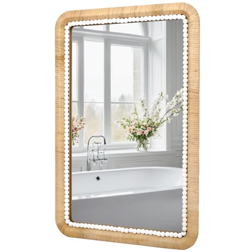 FUIN 30x20 Inch Rattan Wall Mirror with White Bead Trim, Handmade Boho Bathroom Vanity Mirror, Natural Rectangular Hanging Mirror for Bedroom, Living Room, Entryway, Vertical or Horizontal Mount - color: Natural Rattan With White Beads, size: 30"L x 20"W