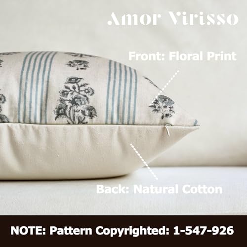 Amor Virisso Floral Throw Pillow Covers 12 x 20 Set of 2 Block Print Pillow Covers Neutral Floral Striped Farmhouse Decorative Pillow Covers for Sofa Couch Bed, Light Blue - color: Light Blue, size: 20" x 12" (Pack of 2)