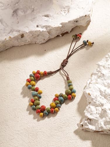 MINACHI Bohemian Colorful Ceramic Bead Adjustable Cord Bracelet, Hippie Boho Summer Fashion Jewelry Gift for Women - color: S02