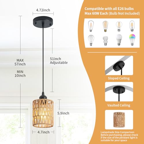 Rattan Chandelier Pendant Lights Kitchen Island,Farmhouse Boho Chandeliers Adjustable Height Hanging lamp for Dining Room,Small Kitchen Ceiling Light Fixtures with Hand Woven Wicker Lampshade - size: 1 Pack
