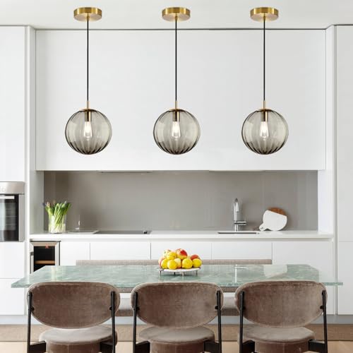Modern Smoke Grey Glass Pendant Light, Kitchen Island Lighting 3-Pack Globe Pendant Light Fixtures Century Kitchen Island Pendant Lighting for Bedroom Living Dining Room Light Fixture (Without Bulb) - color: BW-Smoky Gray-1 Light-3PC