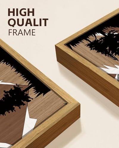 KUVIOKE Morden Mountains Framed Wall Art Boho Pine Tree Forest Nature Landscape Artwork Painting Bohemain Farmhouse Rustic Home Decor 12x16in (Natural Framed) - color: Wooden Mountain Night, size: 12 x 16in x 3 Panels Natural