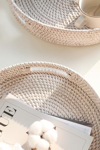 HITOMEN 11.8" Hand-Woven Round Rattan Serving Tray Decorative Wicker Trays with Handles for Coffee Table (Whitewash-M) - color: Whitewash, size: Medium (11.8 inches)
