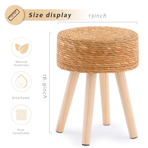 Handwoven Outdoor Ottoman, Water Hyacinth Pouf Round Patio Footstool with Wood Legs, 17-Inch Multipurpose Vanity Stool, Dining Chair, Patio Footrest for Balcony and Garden, Natural - color: Natural, size: 13"D x 13"W x 16.9"H