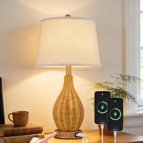 Hamilyeah 23" Farmhouse Table Lamp with Bulb Included and USB Charging Ports, Boho Bedside Lamp with Fabric Shade, Woven Rattan Nightstand Lamp for Bedroom, Living Room, Office - color: Wood
