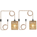 2X Boho Plug in Pendant Light, Hanging Light with Plug in Cord Ceiling Lamp Rattan Cylinder Lamp Shade On-Off Switch Hanging Plant Shelf Shelves Bohemian Decor for Bedroom Living Room Corner