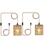 2X Boho Plug in Pendant Light, Hanging Light with Plug in Cord Ceiling Lamp Rattan Cylinder Lamp Shade On-Off Switch Hanging Plant Shelf Shelves Bohemian Decor for Bedroom Living Room Corner