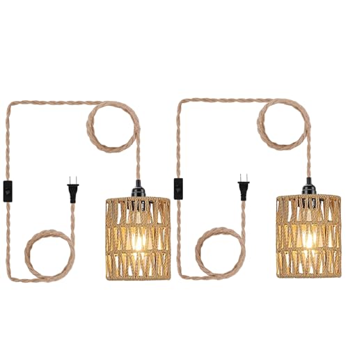 2X Boho Plug in Pendant Light, Hanging Light with Plug in Cord Ceiling Lamp Rattan Cylinder Lamp Shade On-Off Switch Hanging Plant Shelf Shelves Bohemian Decor for Bedroom Living Room Corner