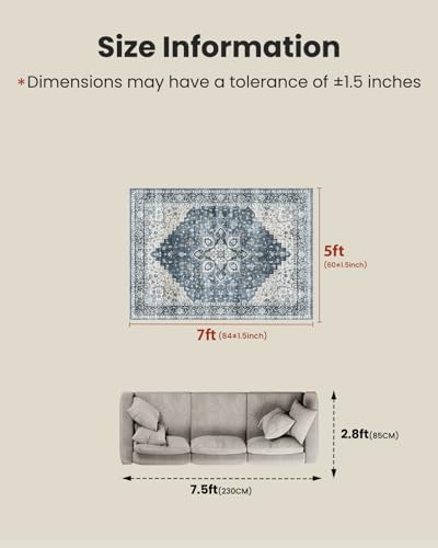 AMADA HOMEFURNISHING 5x7 Area Rugs, Washable Living Room Rug Low-Profile with Non-Slip Backing & Durable Edge Binding, Vintage 5x7 Rugs for Living Room, Bedroom, Dinning Room - color: Blue, size: 5' x 7' (Rectangular)