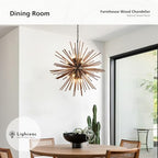 31.3" Farmhouse Sputnik Chandelier for Dining Room Rustic Handmade Natural Wood 16-Light Hanging Ceiling Pendant Light Fixture Starburst Wood Chandeliers for Kitchen Bedroom Foyer Hallway - size: Diameter 31.3", 16-Light