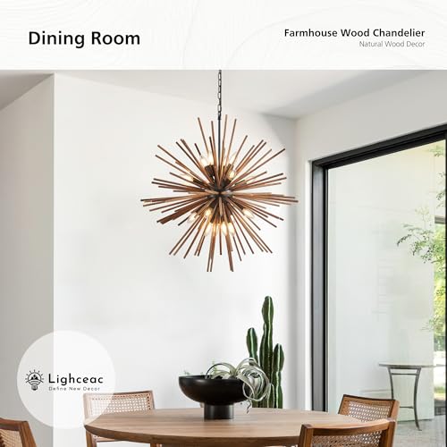 31.3" Farmhouse Sputnik Chandelier for Dining Room Rustic Handmade Natural Wood 16-Light Hanging Ceiling Pendant Light Fixture Starburst Wood Chandeliers for Kitchen Bedroom Foyer Hallway - size: Diameter 31.3", 16-Light