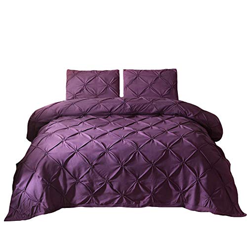 Feelyou Pintuck Duvet Cover Set Queen Size Purple Pinch Pleat Duvet Cover Tufted Design Bedding Set Zipper Soft Polyester Comforter Cover with 2 Pilllow Shams, Solid Geometric 3 Pieces - color: Purple, size: Queen