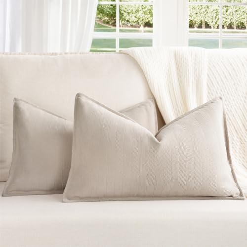 ZWJD Beige Lumbar Pillow Covers 12x20 Set of 2 Chenille Throw Pillow Covers with Elegant Design Soft and Luxurious Decorative Throw Pillows for Couch, Bed, and Home Decor - color: Beige, size: 20" x 12" (Pack of 2)