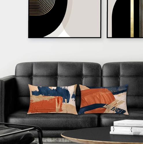 Navy Blue Terracotta Gold and Orange Throw Pillow Covers 12x20 Set of 2,Modern Boho Abstract Art Pillow Covers for Bedroom Living Room, Modern Home Decor, Boho Room Decor - size: 20" x 12" (Pack of 1)