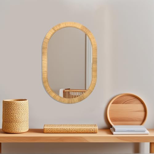 FUIN Handcrafted Rattan Oval Wall Mirror 20x30 – Natural Woven Wicker Frame for Boho Living Room & Entryway – High-Definition Shatter-Resistant Mirror – Vertical or Horizontal Biophilic Home Decor