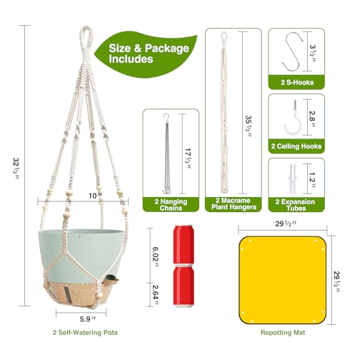 LEWESU Set of 2 Hanging Planters for Indoor Plants with Self Watering Includes Hanging Pots and 2 Types Plant Hangers, Outdoor Hanging Baskets Holder for Home Garden, 10 Inch Sage Green - color: Sage Green