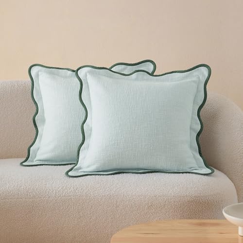 Double Stitch Scalloped Throw Pillow Covers - 100% Cotton Set of 2 Decorative Boho Pillow Covers 20 x 20, Made in India, Square Cushion Case, Modern Home Decor for Couch Sofa Living Room, Aqua Mint - color: Aqua Mint, size: 20" x 20" (Pack of 2)