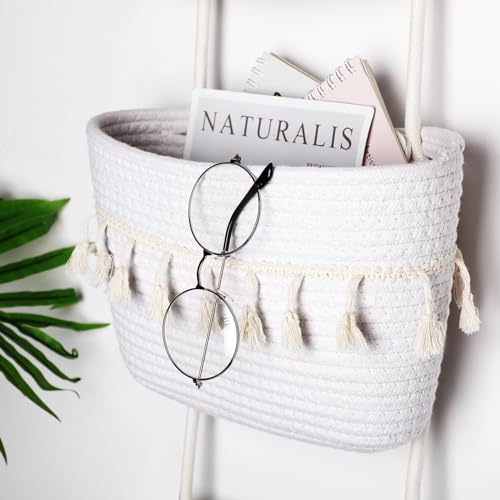 SiliFine Over the Door Hanging Basket Boho Woven Wall Hanging Baskets 3-Tier Cotton Wall Mounted Storage Organizer Bag Macrame Decorative for Kitchen Laundry Room Stairs(White) - color: White