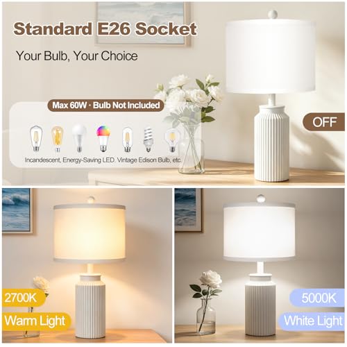 22" Modern Ceramic Table Lamp Set of 2 for Living Room, Rustic Farmhouse White Desk Lamps with White Linen Shade, Vintage Bedside Nightstand Lamps for Bedroom, Living Room End Table Lamps Home Decor