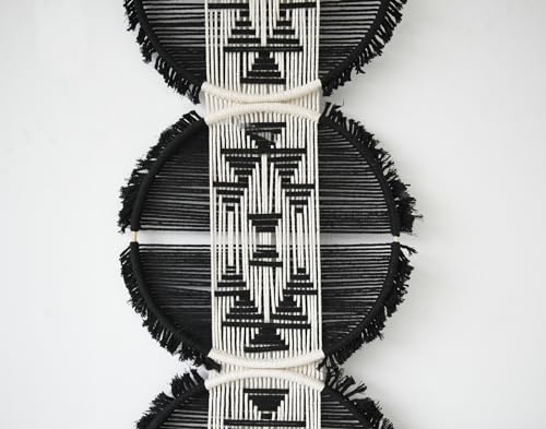 Flber Macrame Wall Hanging black and white Boho Wall Decor Art Living room wall art Round Handmade Geometric Lines Home Décor 11.8W x 65L - color: Black1