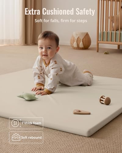 Blissful Diary Vegan Leather Baby Play Mat, 47x47 Thick Foam Cushioned & Waterproof Playpen Mat for Infants and Toddlers, Stylish and Just Wipe-Clean Playmat for Baby Play on Floor, Beige - color: Beige, size: 47" X 47"