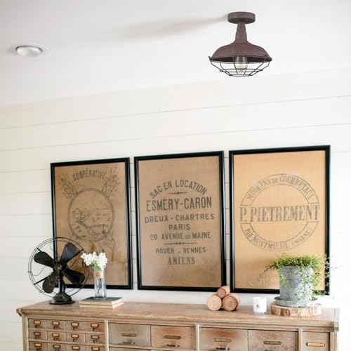 DAYCENT Rustic Semi Flush Mount Ceiling Light Barn Style Light Fixture Farmhouse Metal Cage Ceiling Light 1-Light Industrial Wire Caged Flush Mount Light Rust Finish for Hallway Foyer Kitchen - color: Hard-wired Ceiling