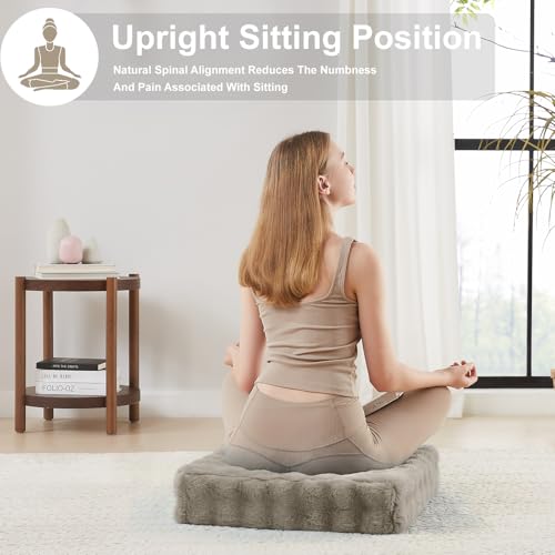 JKMAX 22 inches Floor Pillow for Adults - Large Meditation Cushion with Thick Foam & Soft Tufted Cover - Premium Outdoor Square Floor Cushion Seat - Yoga Pillows for Sitting On Floor - Light Taupe - color: Light Taupe, size: 1 Count