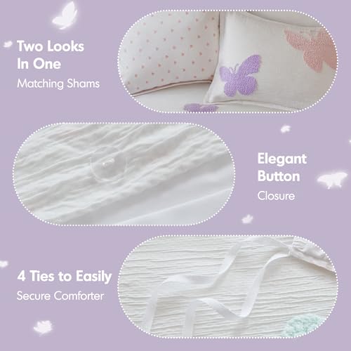 Intelligent Design Kids Rio Full/Queen Duvet Set – Girls’ Reversible Tufted Chenille Bedding with Pastel Purple Butterflies and Pink Dot, 3pcs - color: Multicolor, size: Full/ Queen