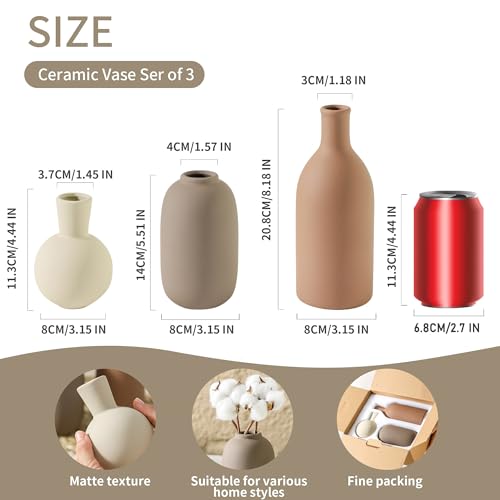 Ceramic Vases Set of 3, Modern Neutral Rustic Farmhouse Home Decor Pottery Pampas Decoration for Living Room, Table, Bathroom, Bedroom, Entryway - Brown - color: 006-brown