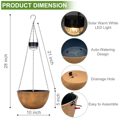 BAYN 2 Packs Solar Hanging Basket Planters for Plants Outdoor, Self Watering Bronze Flower Plants Pots with Solar Light Drainer for Balcony Patio Garden Outdoor Decoration - color: Bronze