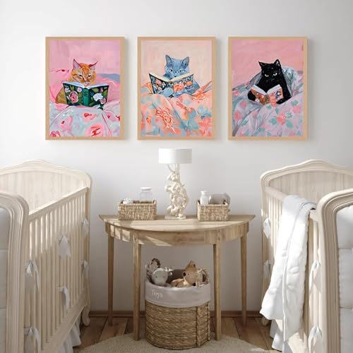 AUROR 3pcsFramed Cute Cat Reading Canvas Wall Art- Fun Whimsical Cat Prints Set -Pink Animal Book Picture Prints Suitable For Children'S Rooms, Girls' Rooms, Living Rooms, And Offices.12x16in - color: Cute pink cat, size: 12x16in