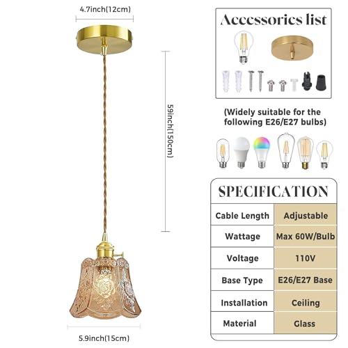 Amber Wind Chime Glass Pendant Light, 2 Natural Light Bulbs Included, Adjustable Cord with Switch, Hanging Lamp for Kitchen Island/Dining Room - color: Amber 2pcs Flower Pendant Light