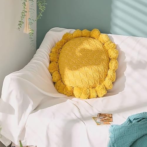 Byitre Bohemian Round Pillow 20 Inch | 100% Cotton Decorative Pillow Hand Tufted with Chunky Textured Poms | Boho Throw Pillow for Bed or Couch | Natural Yellow Throw Pillow - color: Lattice Yellow