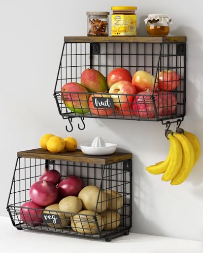 Goozii Hanging Wall Fruit Basket for Kitchen Counter 2 Pack, Stackable Wire Baskets for Organizing with Wood Lid, Potato and Onion Storage Bin with Banana Hook for Vegetable Produce, Black + Rustic - color: Black + Rustic Wood