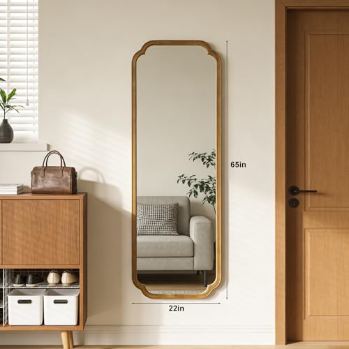 HOMECOOKIN Full Length Mirror Wall Mounted, Rustic Wooden Frame Floor Mirror, Rounded Corner Large Full Body Mirror for Bedroom,Dressing Room， Leaning or Hanging Against Wall (Natural, 22" L x 65" W) - color: Natural, size: 65"L x 22"W