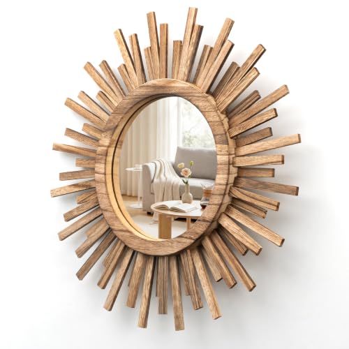 18 Inch Boho Sunburst Mirror, Round Wooden Wall Decor Starburst Sun Mirror for Bedroom, Living Room, Bathroom, Hallway, Balcony, Farmhouse Entryway, Housewarming Gift（Rustic Brown - color: Wood Color, size: 18"L x 18"W