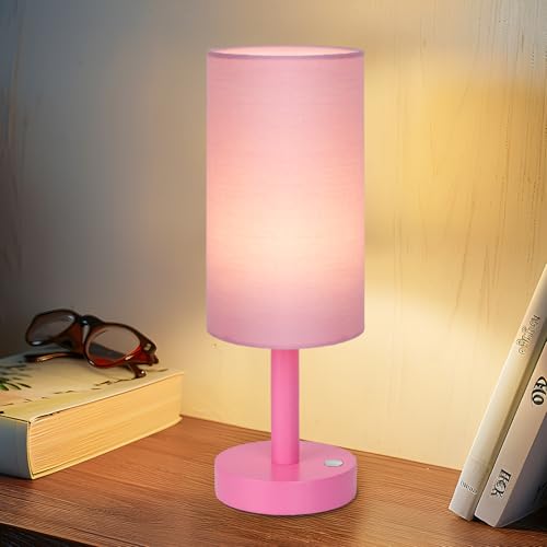 LALISU Small Table Lamp Nightstand Lamp Linen Lampshade Bedroom Wood Base Small Bedside Lamp for Night Stands, Desk Lamps for Reading Living Room, Office (LED Bulb Included) (Pink) - color: Pink