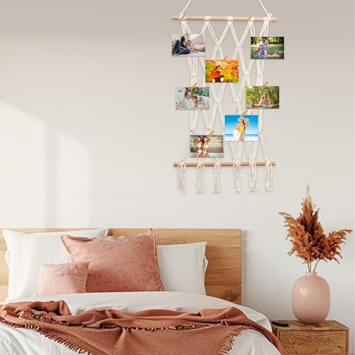 Hanging Photo Display Wall Decor Macrame Wall Hanging Boho Collage Picture Frames Decor for Dorm Bedroom Living Room Teen Girl Gifts-B - color: Beige Photo Decoration B