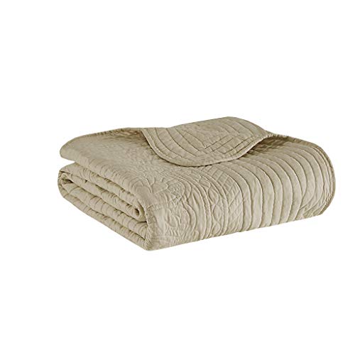 Madison Park Luxe Quilted Throw Blanket - Damask Stitching Design, Cotton Filled Spread, Ultra Soft, Cozy Bedding for Living Room Couch, Sofa, Bed, 60x72", Scalloped Borders Khaki - color: Scalloped Edges Khaki, size: 60"x72"