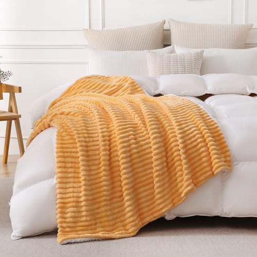 Warm Yellow Sherpa Fleece Throw Blanket 50”×60” for Couch Sofa Bed,Super Soft Cozy Plush Double Side Thick Flannel Blanket with Striped Design Lightweight for Adults,Woman,Girls - color: Warm Yellow, size: 50×60inch