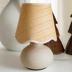 11" Small Mini Boho Table Lamp – Handmade Ceramic Cream Base with Scallop Woven Rattan Shade, Dimmable Plug-In Accent Light for Bedroom, Nightstand, Small Spaces, Kitchen Counter, Bookshelf - color: Airy Scallop Rattan Shade