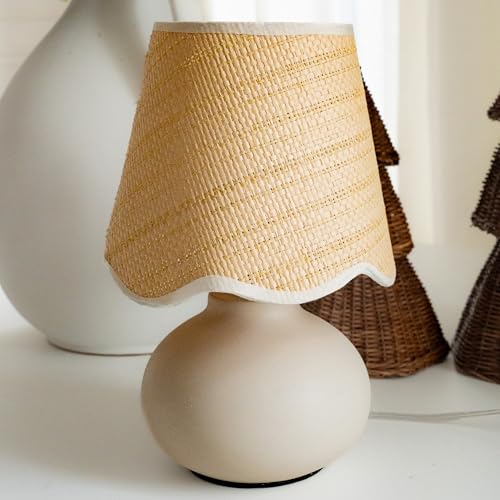 11" Small Mini Boho Table Lamp – Handmade Ceramic Cream Base with Scallop Woven Rattan Shade, Dimmable Plug-In Accent Light for Bedroom, Nightstand, Small Spaces, Kitchen Counter, Bookshelf - color: Airy Scallop Rattan Shade