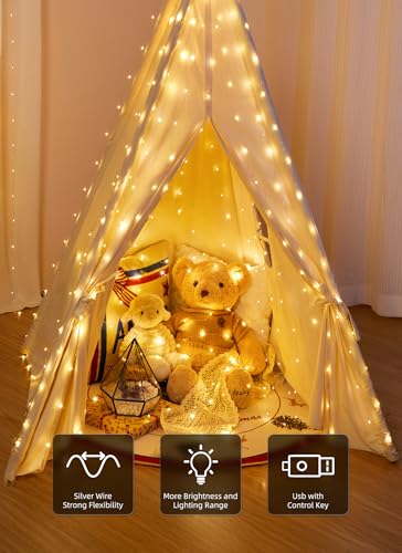 Brightown 300 LED Fairy Curtain Lights, 9.8ft x 9.8ft String Lights, USB Plug in 8 Lighting Modes Christmas String Hanging Lights with Remote for Bedroom Indoor Outdoor Party Xmas Warm White 2 Pack - color: Warm White, size: 2 Pack-300 LED-USB Plug