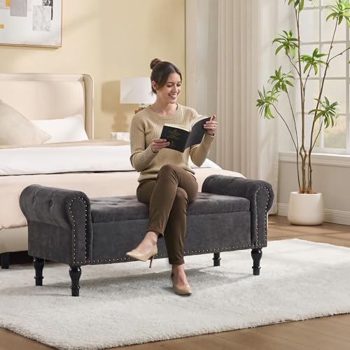 51" Storage Bench for Bedroom, Chenille End of Bed Bench, Queen Size Bench with Rolled Arms, Tufted Storage Ottoman Benches, Upholstered Bench for Bedroom, Living Room, Entryway, Dark Grey - color: Dark Grey, size: 51inch-Chenille
