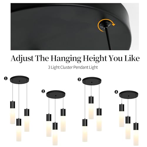Cluster Black Pendant Lighting Fixture 3-Light Modern Hanging Dining Table Light with Milky White Lampshade LED Pendant Lights for Kitchen Island Dining Room Adjustable Height, 3000K-6000K - color: Black, size: 3-Light 1-Pack