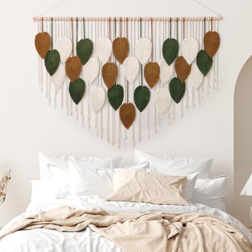 KHOYIME Large Macrame Wall Hanging Boho Woven Tapestry, Chic Home Decor Modern Bohemian Handmade Leaf Feather Wall Art Decorations for Apartment Living Room Bedroom Nursery Backdrop 51.5" W X 33.5" L - color: 51.5"W x 33.5"L