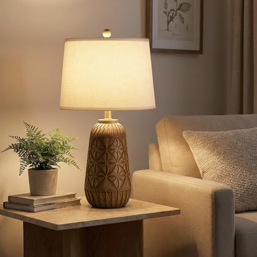 BOBOMOMO 24" Modern Farmhouse Table Lamp, Geometric Hand-Carved Resin Bedside Lamp with Wood Grain Finish, Rustic Nightstand Lamp for Bedroom & Living Room, Cottage Decor, Rotary Switch - size: 24"