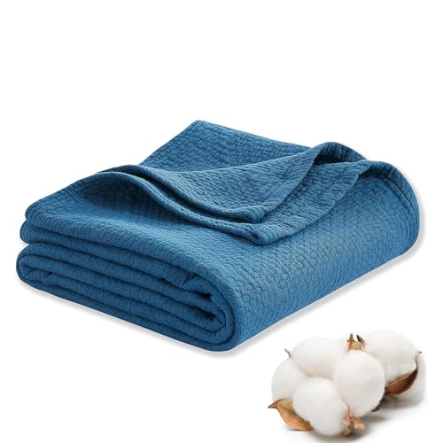 Premium 100% Cotton Blanket – All-Season Soft Breathable Bed Blanket for Throw Size – Lightweight Stylish Textured Throw for Bed– Giftable Cozy Bedding - color: Blue, size: Throw (50"x60")