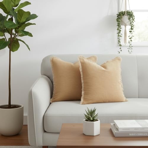 Sunday Praise Set of 2 Linen Fringe Decorative Pillow Covers 18x18 Inch Farmhouse Accent Boho Throw Pillow Cases with Tassels Cozy Soft Square Cushion Covers for Couch Sofa Bed Home Decor,Khaki - color: Khaki, size: 18" x 18" (Pack of 2)